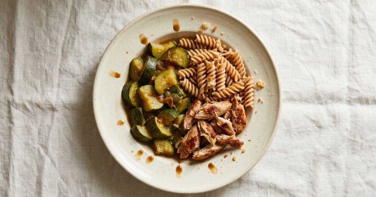 Vegetable stew with zucchini and turkey — turkey, whole-wheat pasta, zucchini on a plate built around the Harvard Healthy Eating Plate