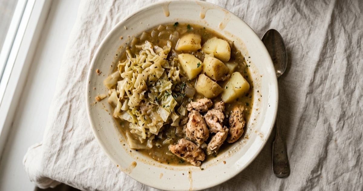 Vegetable stew with white cabbage and chicken breast — chicken breast, white cabbage, potatoes on a plate built around the Harvard Healthy Eating Plate