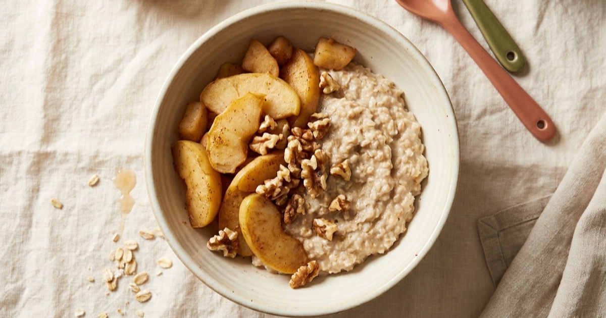 Oat bowl with apple and walnuts β oats, apple, walnuts on a plate built around the Harvard Healthy Eating Plate